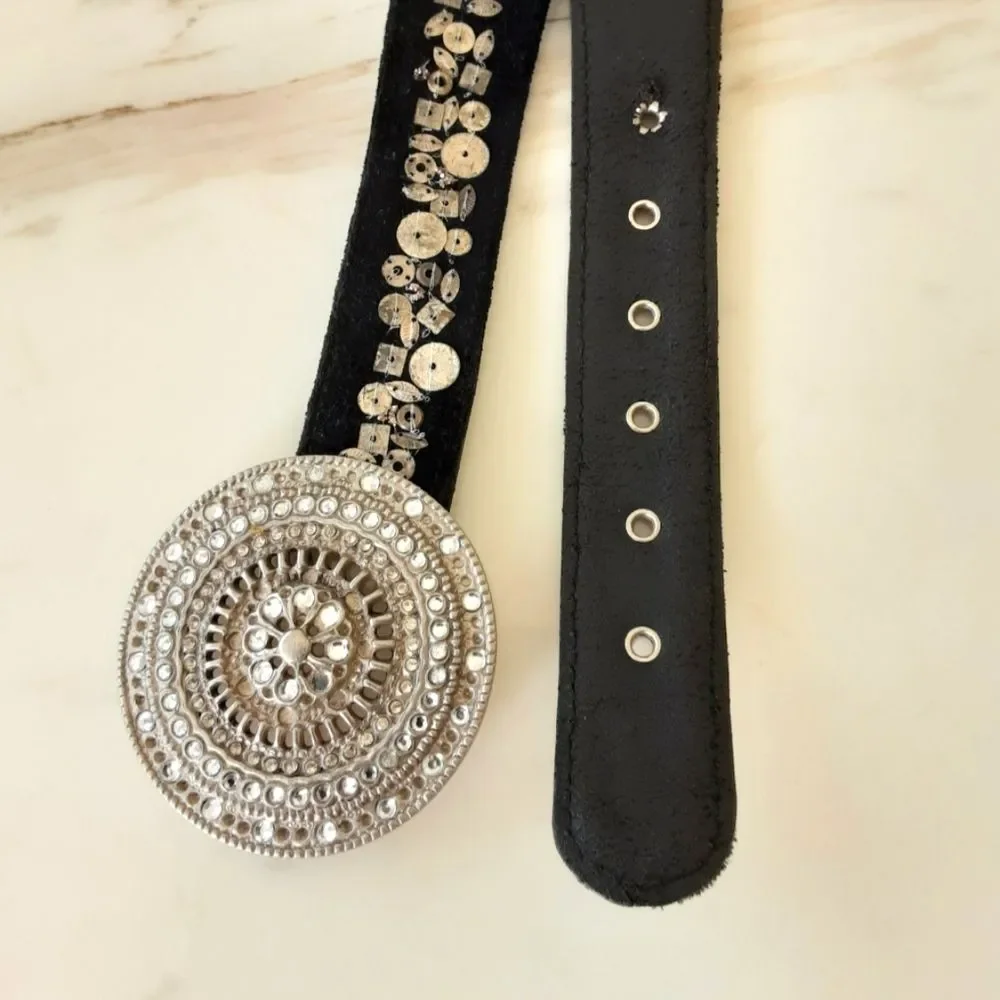 CHICO'S Metal Embellished Black Suede Waist Cincher Belt Sz Large